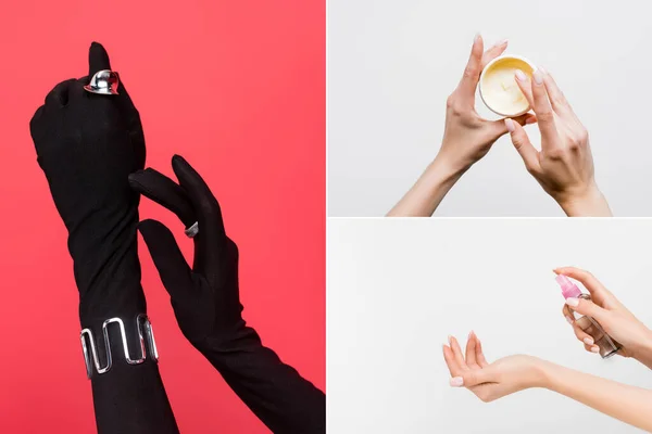 Collage of female hands in gloves with rings, woman holding jar with cosmetic cream, applying aromatic mist spray on white and red — Stock Photo