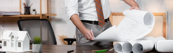 Partial view of architect holding plan near house model and rolled blueprints on desk, banner — Stock Photo