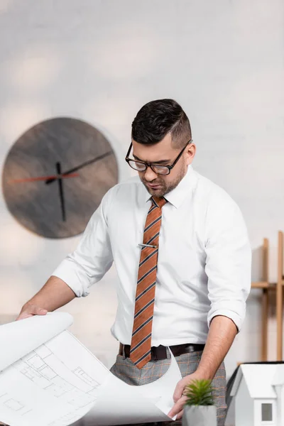 Серьезный архитектор в очках, держащий чертеж в офисе — стоковое фото