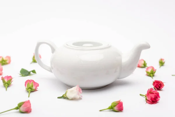 Tetera de porcelana cerca de rosas de té rosa sobre blanco - foto de stock