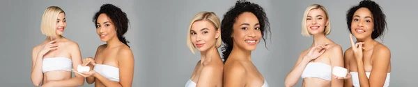 Collage of multicultural women in white tops smiling and applying cosmetic cream isolated on grey, banner — Stock Photo