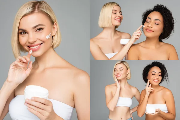 Collage de mujeres multiétnicas aplicando crema cosmética aislada en gris - foto de stock