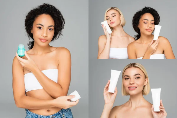 Collage of multiethnic women holding cosmetic cream and deodorant isolated on grey — Stock Photo