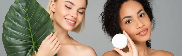 Young multicultural women holding cosmetic cream and tropical leaf isolated on grey, banner — Stock Photo