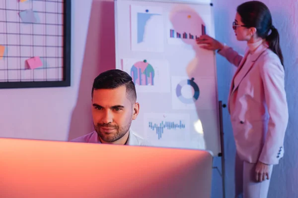 Uomo d'affari guardando monitor del computer vicino a donna d'affari su sfondo sfocato — Foto stock