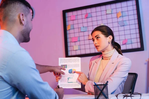 Geschäftsfrau zeigt mit dem Finger auf Papier mit Diagrammen und Grafiken nahe Geschäftsmann auf verschwommenem Hintergrund — Stockfoto