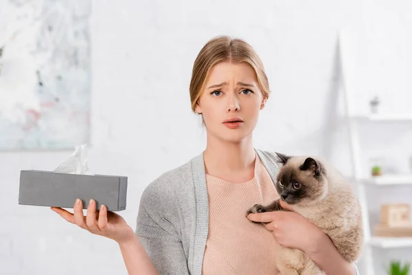 Displeased woman holding box with napkin and siamese cat at home — Stock Photo