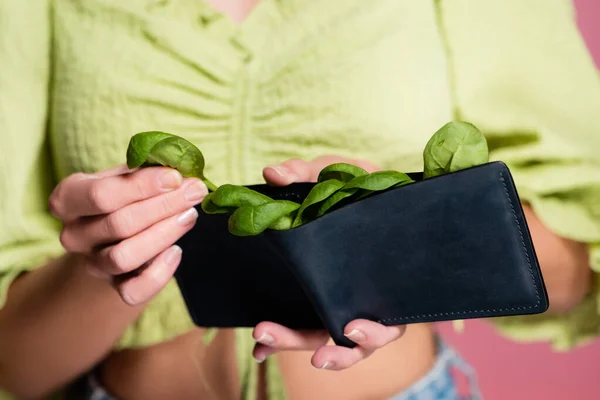 Vista parziale della donna che tiene portafoglio con spinaci freschi verdi, messa a fuoco selettiva — Foto stock