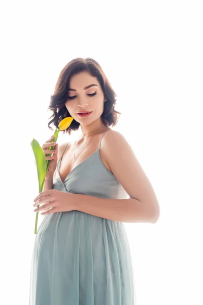 Jeune femme enceinte tenant fleur isolée sur blanc — Photo de stock