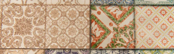 Background with vintage, multicolored ornamental tiles, top view, banner — Stock Photo