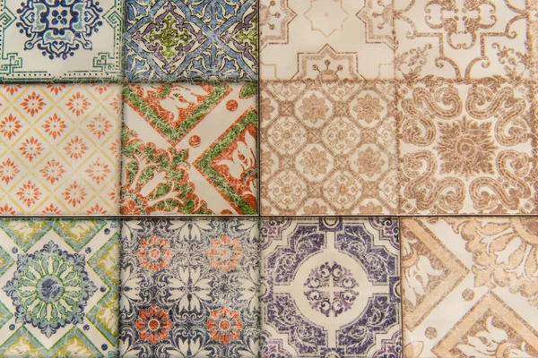 Background of tiles with orient, multicolored ornamental pattern, top view — Stock Photo