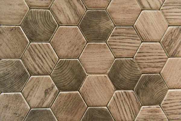 Background with hexagon ceramic tiles, with wood imitation, top view — Stock Photo