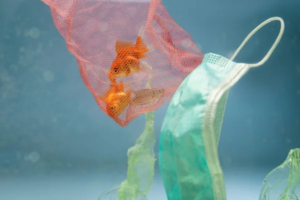 Basura plástica, máscara médica y red con peces de colores en el agua, concepto de ecología - foto de stock