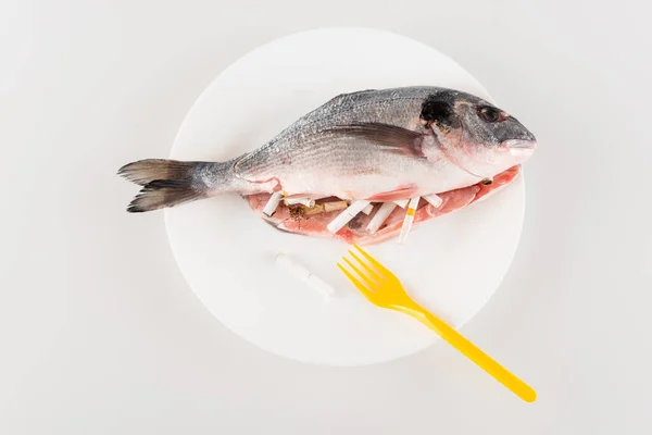 Ansicht der Plastikgabel in der Nähe von mit Zigarettenenden gefüllten Fischen auf weißem, ökologischem Konzept — Stockfoto