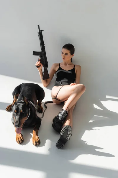 Высокий угол зрения сексуальной женщины с винтовкой рядом Doberman собака на сером фоне с тенями — стоковое фото