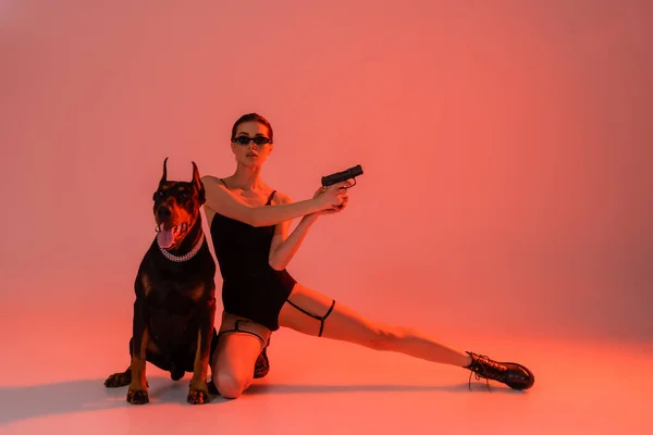 Young woman in black bodysuit holding handgun near doberman on pink background with yellow light — Stock Photo