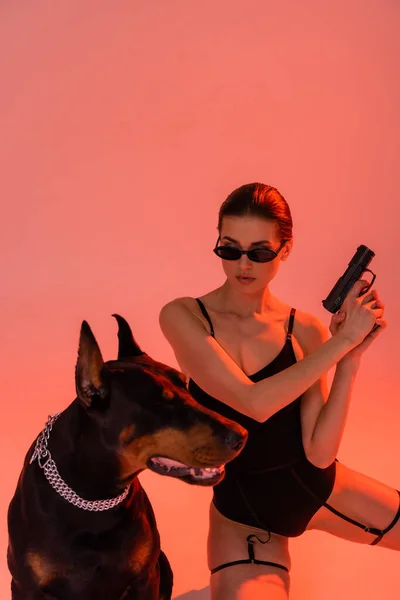 Brunette woman in bodysuit and sunglasses holding gun near doberman on pink background — Stock Photo