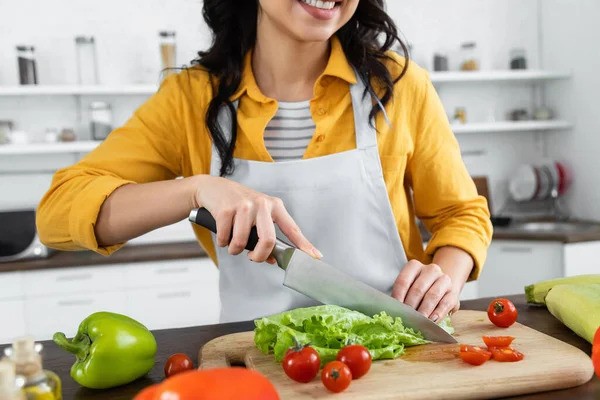 Vista ritagliata di donna sorridente taglio lattuga fresca vicino pomodorini su tagliere di legno — Foto stock