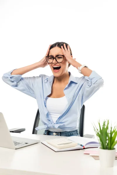 Femme d'affaires irritée criant et touchant la tête tout en étant assis près d'un ordinateur portable isolé sur blanc — Photo de stock