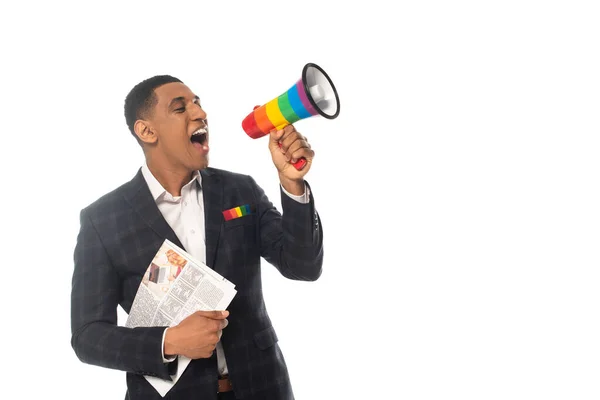 African american man businessman screaming in lgbt colors megaphone isolated on white — Stock Photo