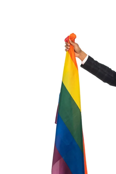 Vista cortada do homem americano africano segurando bandeira lgbt isolado no branco — Fotografia de Stock