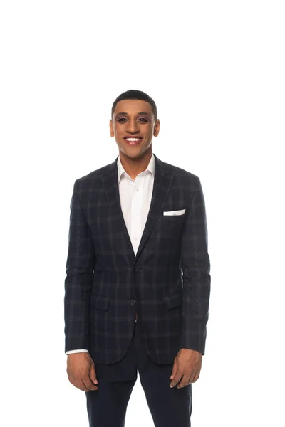 Happy african american businessman with makeup smiling at camera isolated on white — Stock Photo