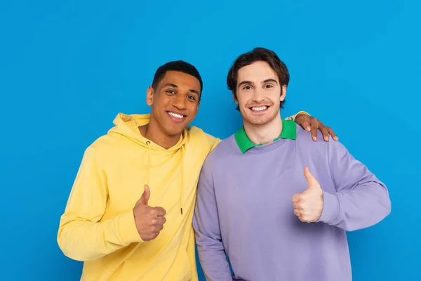 Smiling interracial friends showing thumbs up signs isolated on blue — Stock Photo