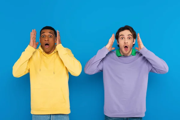 Amigos interracial asustados mirando la cámara y cubriendo las orejas con las manos aisladas en azul — Stock Photo