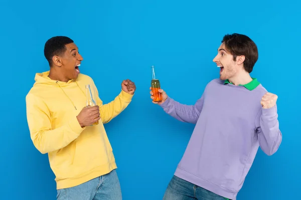 Happy interracial friends smiling and celebrating with bottles of beer isolated on blue — Stock Photo
