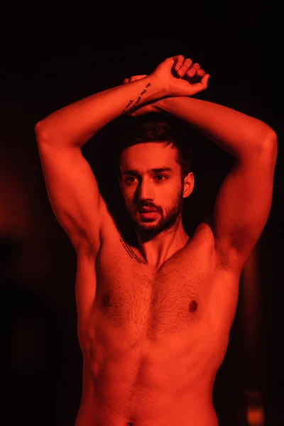 Uomo sexy in posa su sfondo nero con illuminazione rossa — Foto stock