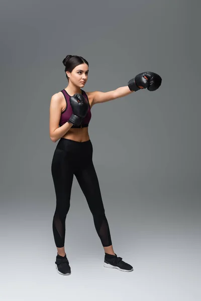 Vue pleine longueur de la jeune sportive boxe sur fond gris — Photo de stock