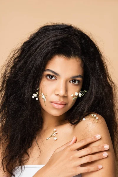 Jeune femme afro-américaine avec des fleurs de gypsophile sur le visage isolé sur beige — Photo de stock