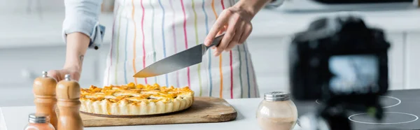 Vista parziale del blogger culinario che tiene il coltello vicino a gustosa torta e fotocamera digitale offuscata, banner — Foto stock