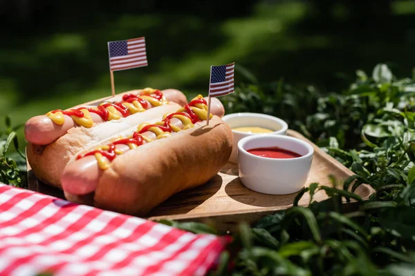 Cachorros-quentes com pequenas bandeiras dos EUA perto de molhos e guardanapo de mesa xadrez na grama verde — Fotografia de Stock