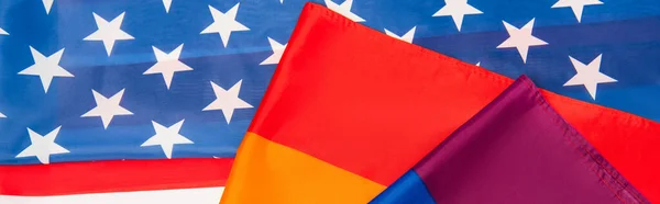 Top view of american and colorful lgbt flags, banner — Stock Photo