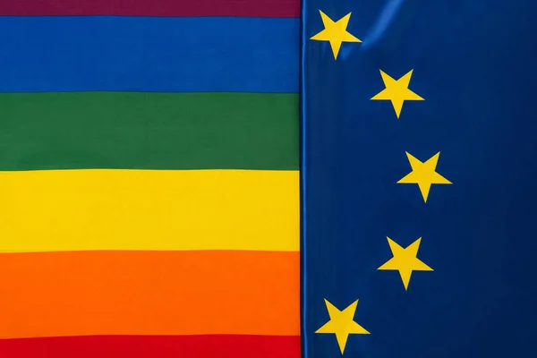 Top view of european union and lgbt flags, equality rights concept — Stock Photo