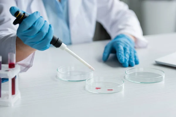Cropped view of blurred scientist in latex gloves working with electronic pipette and petri dishes in laboratory — Stock Photo