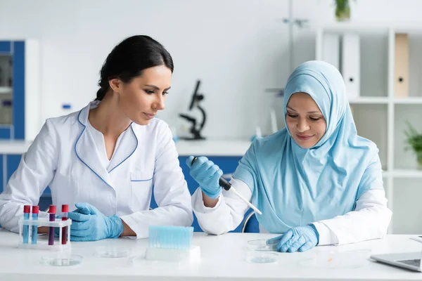 Multiethnic scientists in medical masks working with petri dishes and electronic pipette near blurred laptop - foto de stock