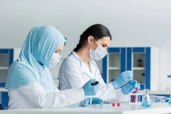 Vista lateral do cientista em máscara protetora trabalhando perto de colega árabe com pipeta em primeiro plano borrado — Fotografia de Stock