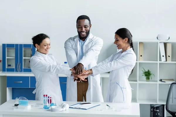 Smiling interracial scientists holding hands near test tubes and clipboard in laboratory — Stock Photo