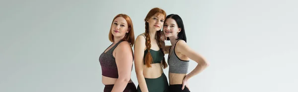 Body positive sportswoman in sportswear looking at camera near friends isolated on grey, banner — Stock Photo