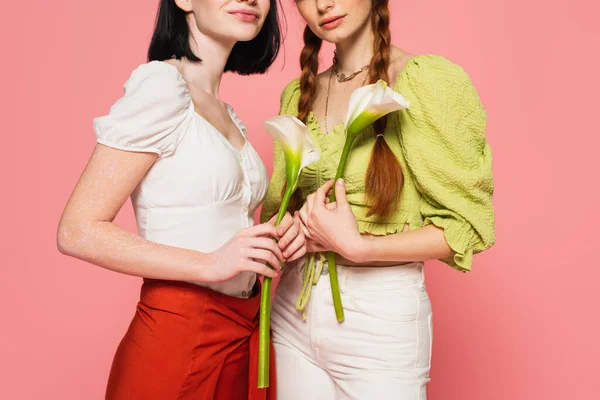 Vista cortada de mulheres elegantes corpo positivo segurando lírios calla isolados em rosa — Fotografia de Stock