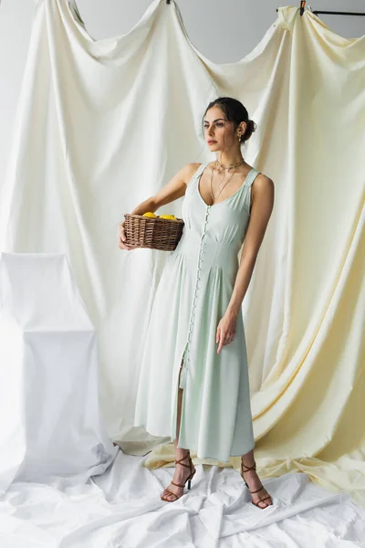 Full length of woman in dress holding wicker basket with lemons on white — Stock Photo