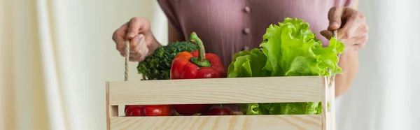 Vue recadrée d'une femme tenant une boîte en bois avec des légumes sur blanc, bannière — Photo de stock