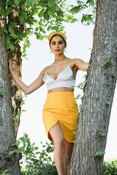 Stylish woman in yellow headscarf posing near tree trunks — Stock Photo