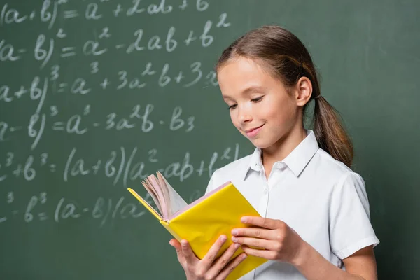 Pleased schoolkid reading book near blurred equations on chalkboard — Stock Photo