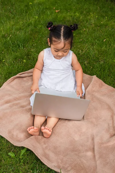 Vue grand angle de tout-petit asiatique enfant regarder film sur ordinateur portable tout en étant assis sur pique-nique couverture dans le parc — Photo de stock