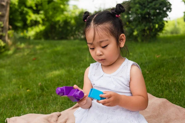 Asian toddler kid in dress playing building blocks in park — Stock Photo