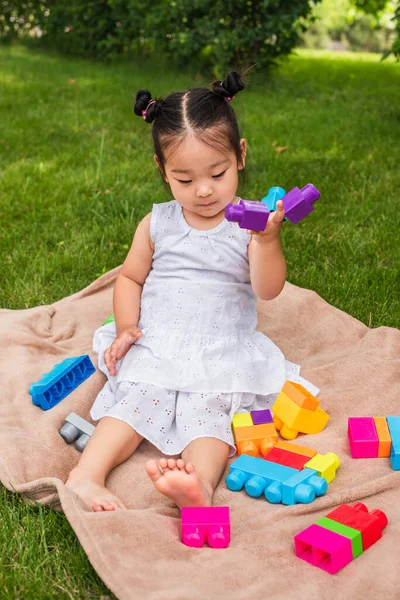 Asian toddler child in dress playing building blocks on picnic blanket in park — Stock Photo