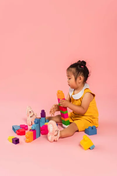 Брюнетка азиатская девочка в платье играет строительные блоки на розовый — стоковое фото